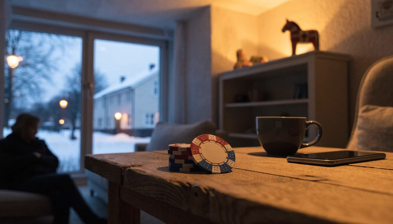 Mysigt svenskt vardagsrum med pokerfärgade marker och en mobiltelefon på bordet