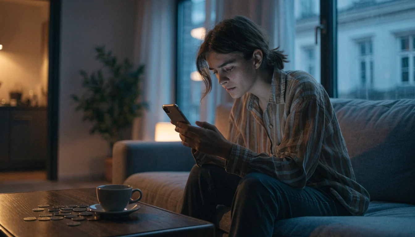Person med telefon bredvid hög med tio-kronor mynt i vardagsrum