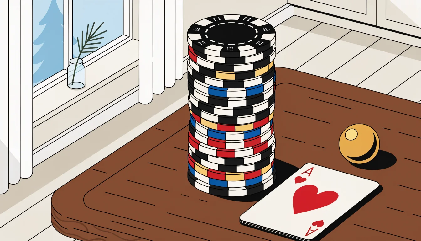 Casinomarker och ett spelkort på ett mörkt träbord med nordisk belysning
