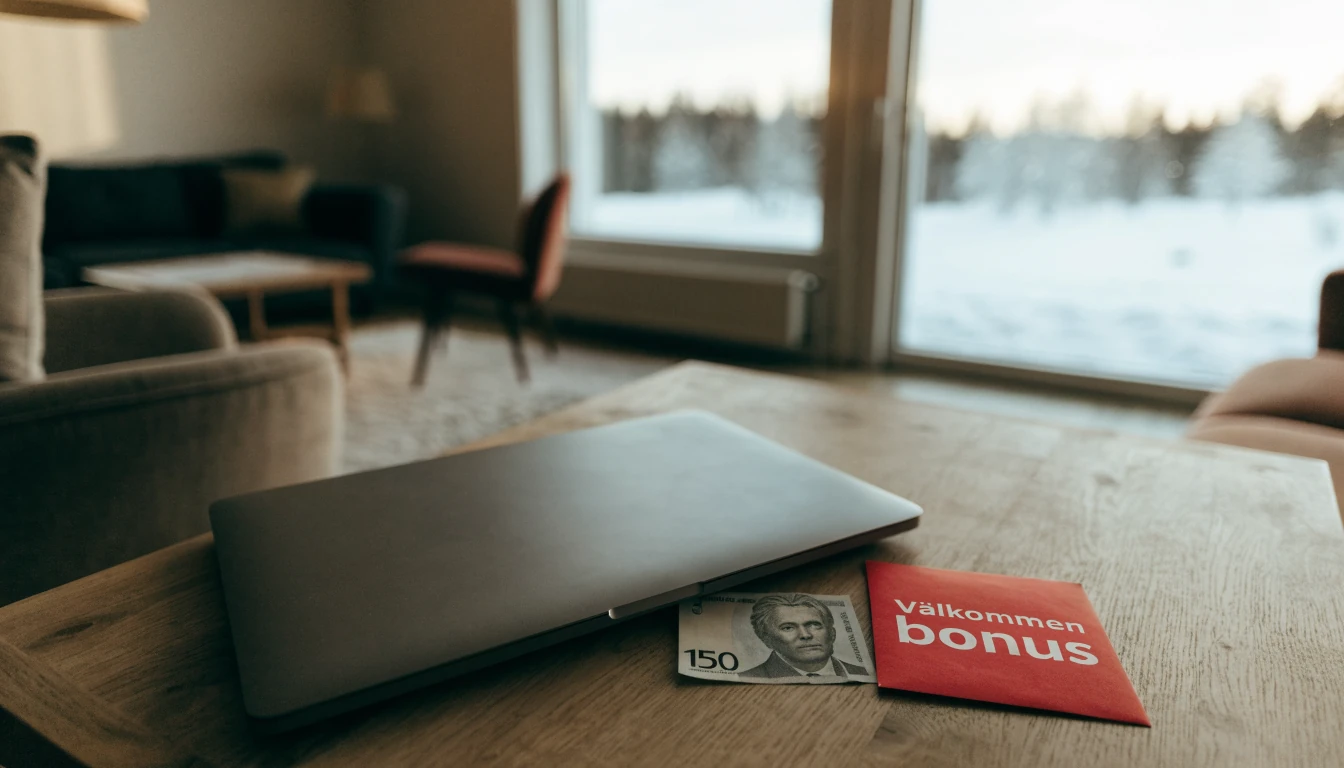 Svenskt vardagsrum med stängd laptop och 150 kr sedel bredvid ett välkomstkuvert