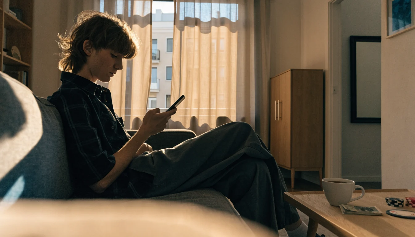 Person i svensk lägenhet med telefon, kronor och casinomarker på bordet