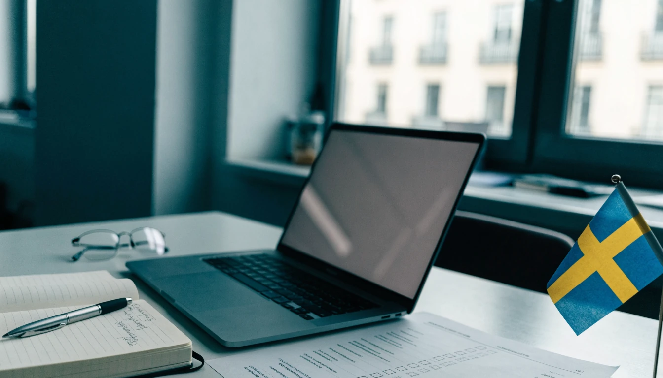 Redaktörens skrivbord med laptop, anteckningsbok och checklista i ljust kontor