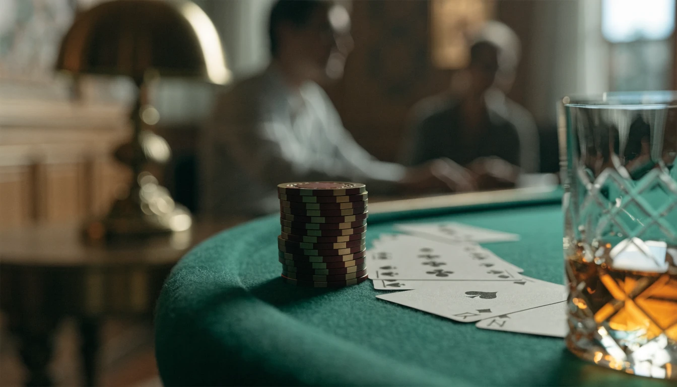 Elegant blackjack-bord med kort och casmarkeringsmarker i svensk lounge