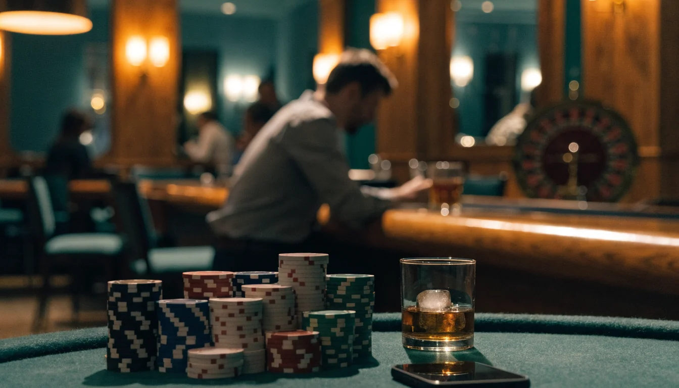 Elegant skandinavisk casinomiljö med pokerfärger och roulettehjul