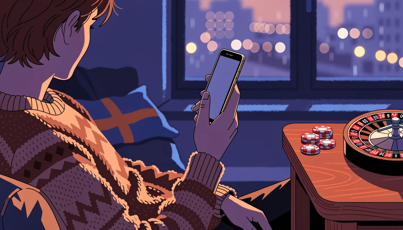 Skandinavisk vardagsscen med smartphone, casinotema och svensk atmosfär