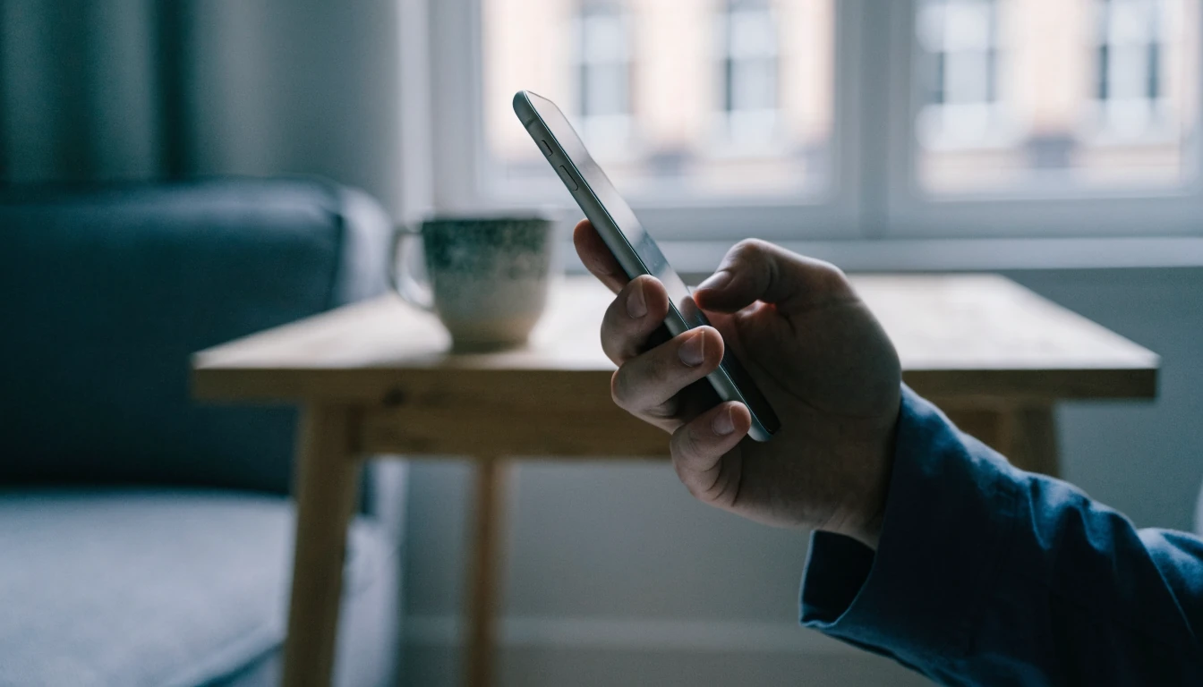 Hand som håller en smartphone i ett modernt svenskt vardagsrum med naturligt ljus
