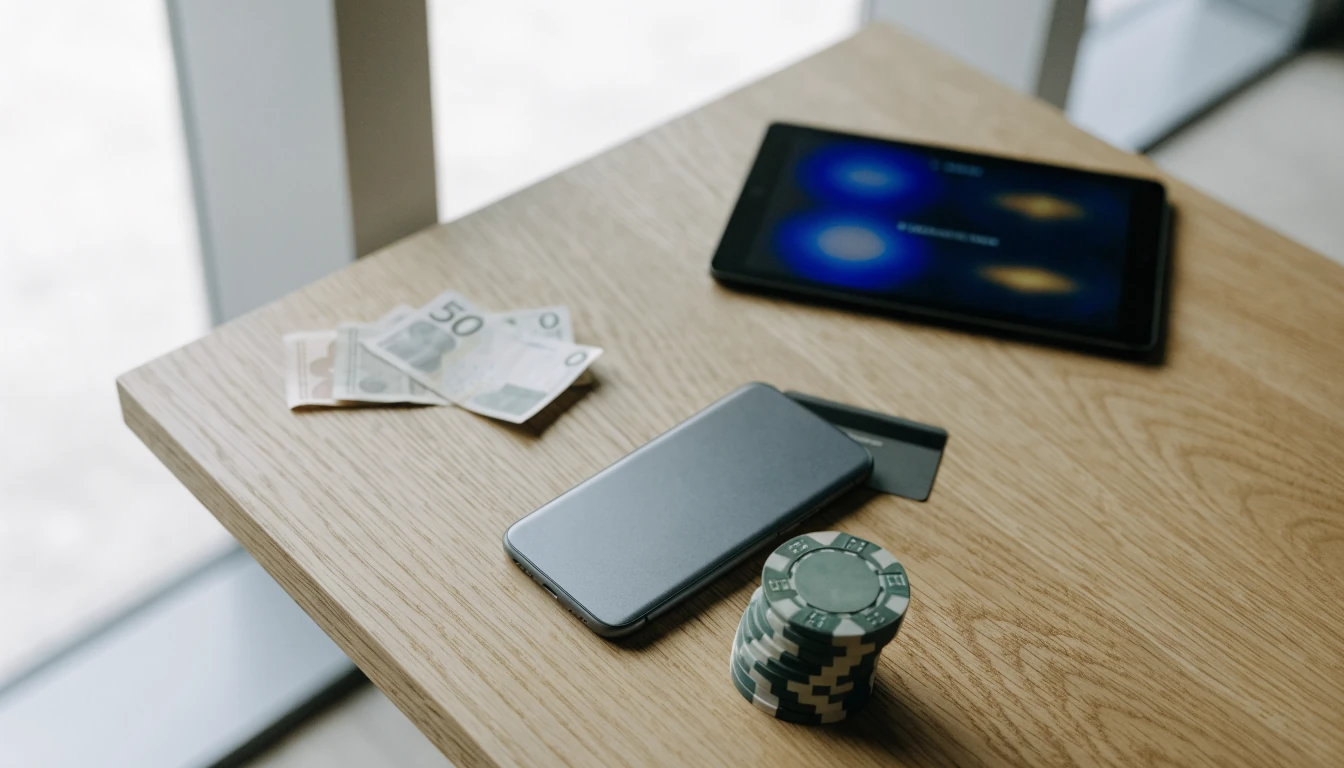 Bord med smartphone, kreditkort, kronor och casinofigurer