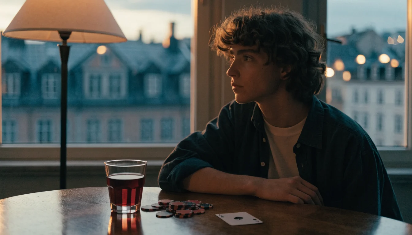 Casino-chips och spelkort vid fönster med Stockholms kvällssilhuett