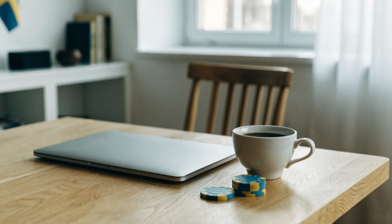 Stängd laptop, kaffekopp och casinomarker i blått och gult på ett skandinaviskt bord