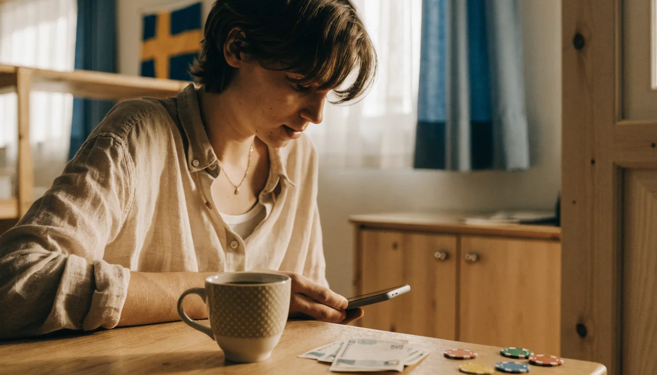 Svensk spelare vid skrivbord med mobil och kronor