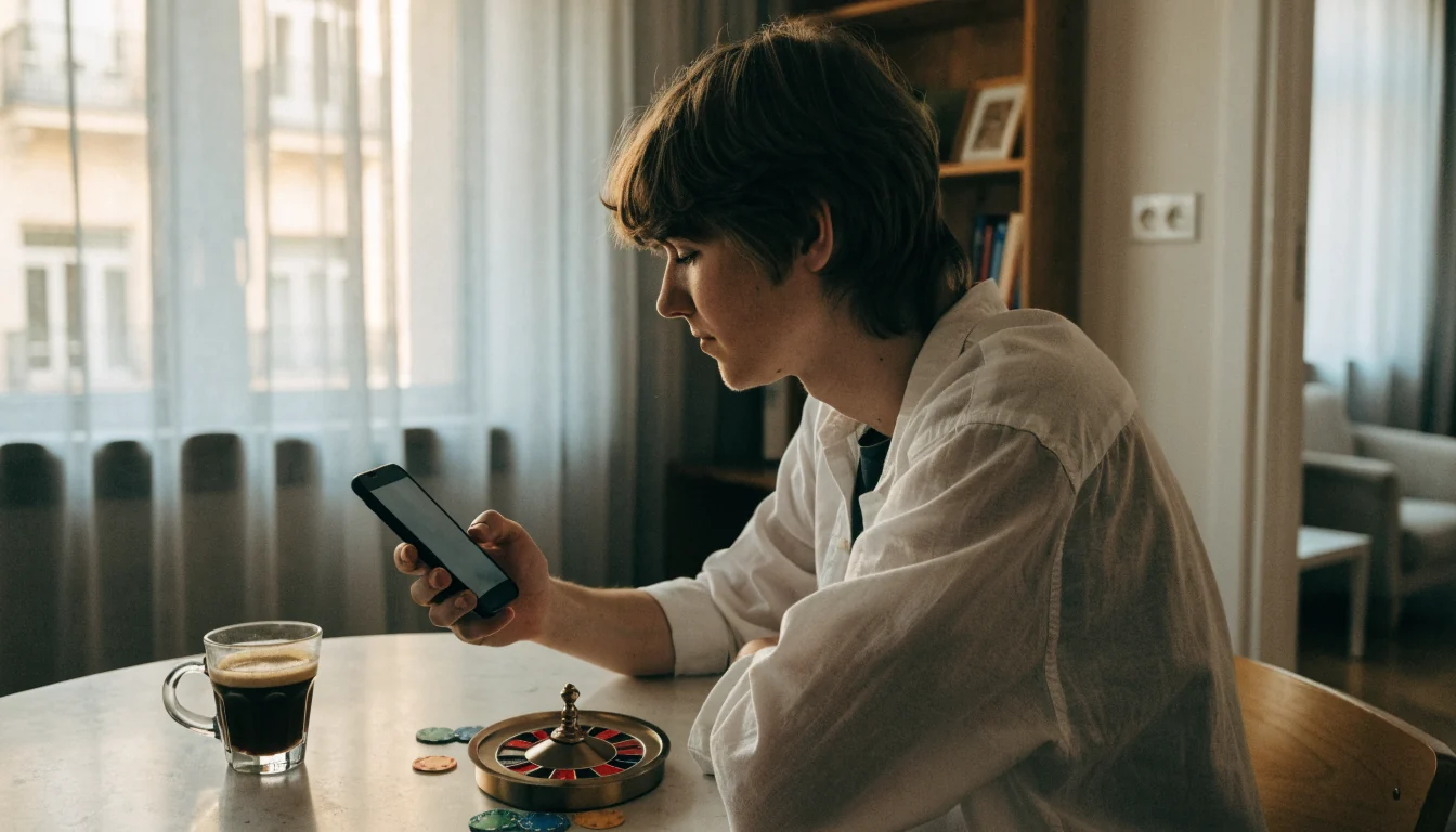 Svensk spelare med telefon och casinotema vid bordet