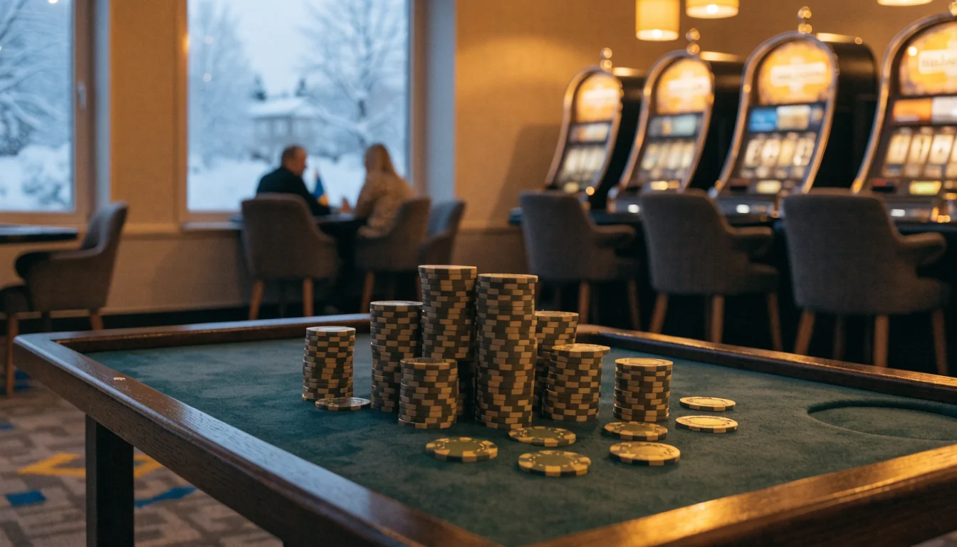 Svensk casinolounge med spelautomater och tjugo guldmarker på filtbord