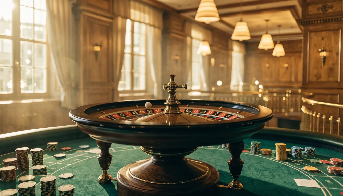Roulettehjul som snurrar i en elegant skandinavisk casinomiljö med utspridda marker