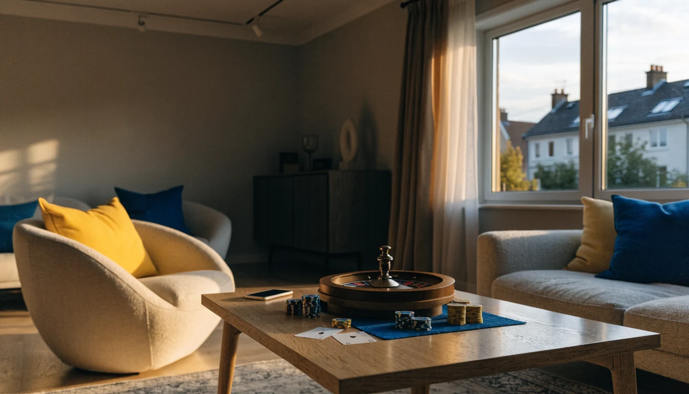 Modernt svenskt vardagsrum med roulettehjul, casinomarker och spelkort på soffbord