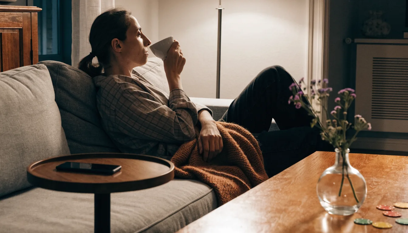 Person kopplar av i en mysig svensk vardagsrum med kasinofärger ochmarker.