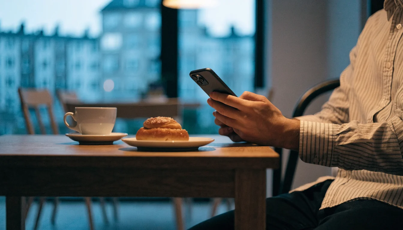 Person med smartphone vid ett bord med kaffe och kanelbulle i modern svensk lägenhet