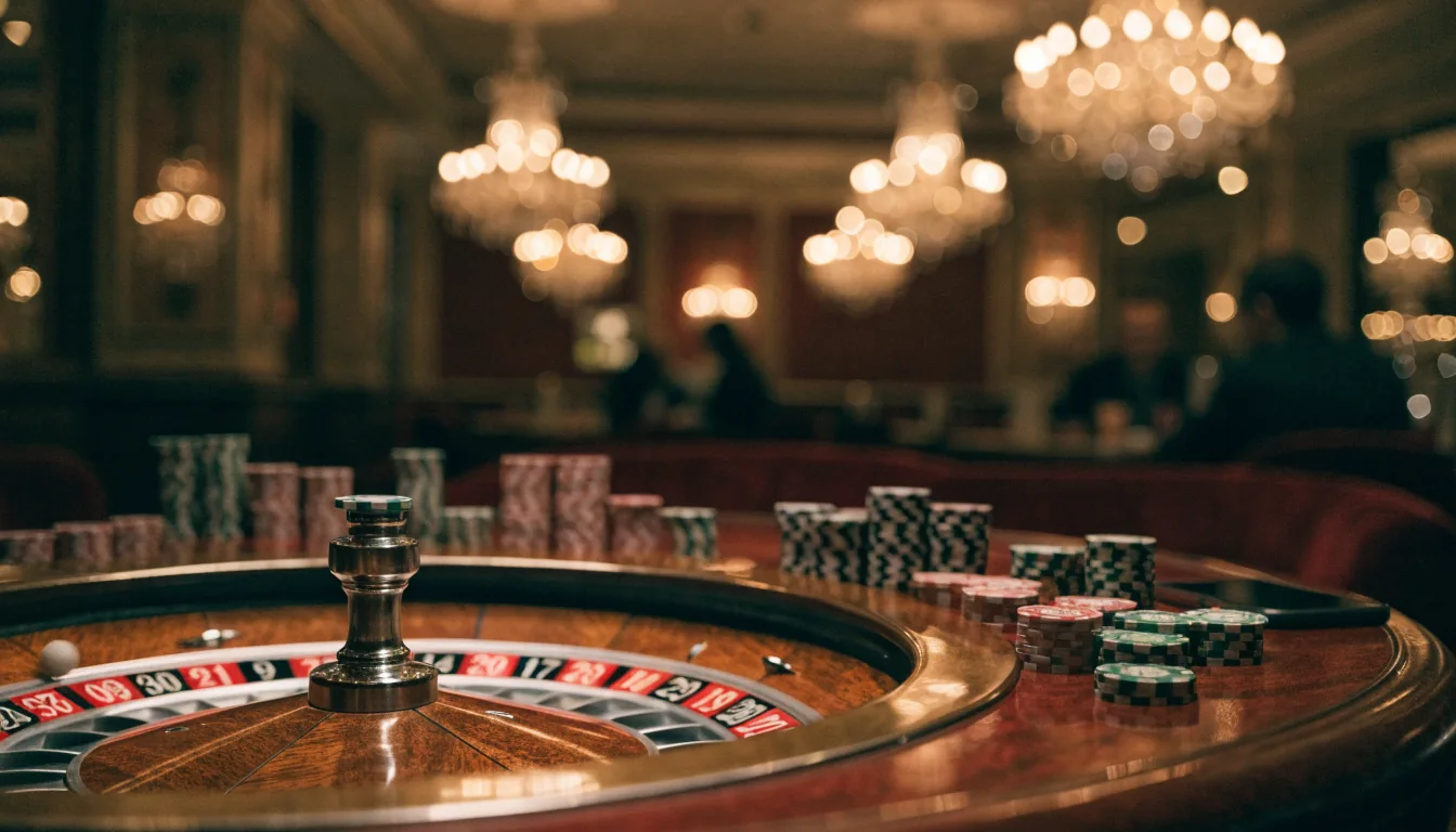 Elegant casinomiljö med roulettebord och marker i varm belysning