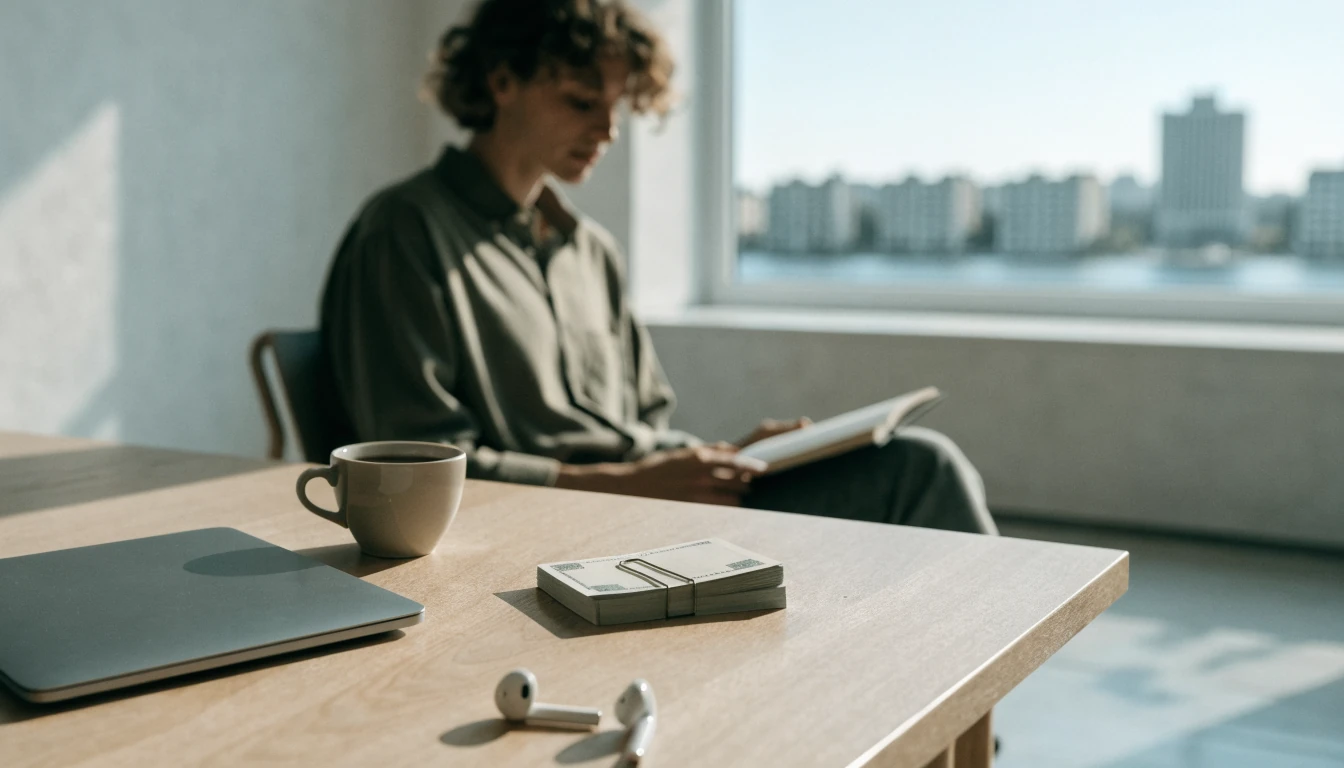 Svensk lägenhet med stängd laptop, kronorsedlar och kaffe på bordet