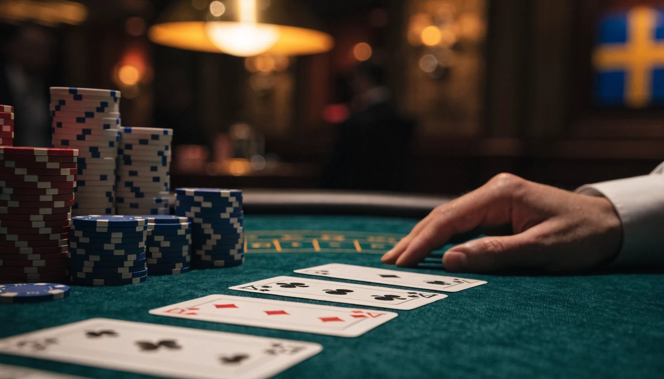 Närbild av ett blackjackbord med kort och marker i elegant casinomiljö