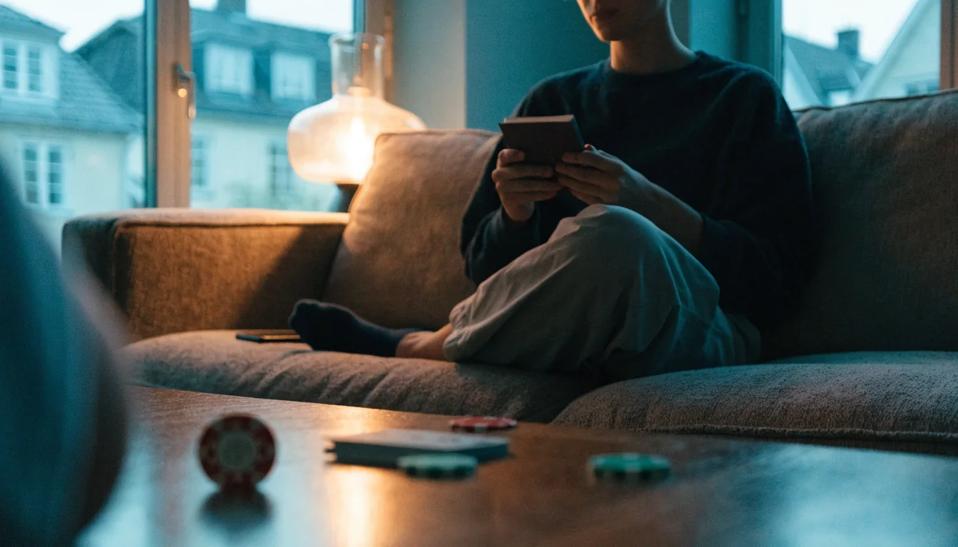 Avslappnad person i svensk vardagsrum med casinotema och marker