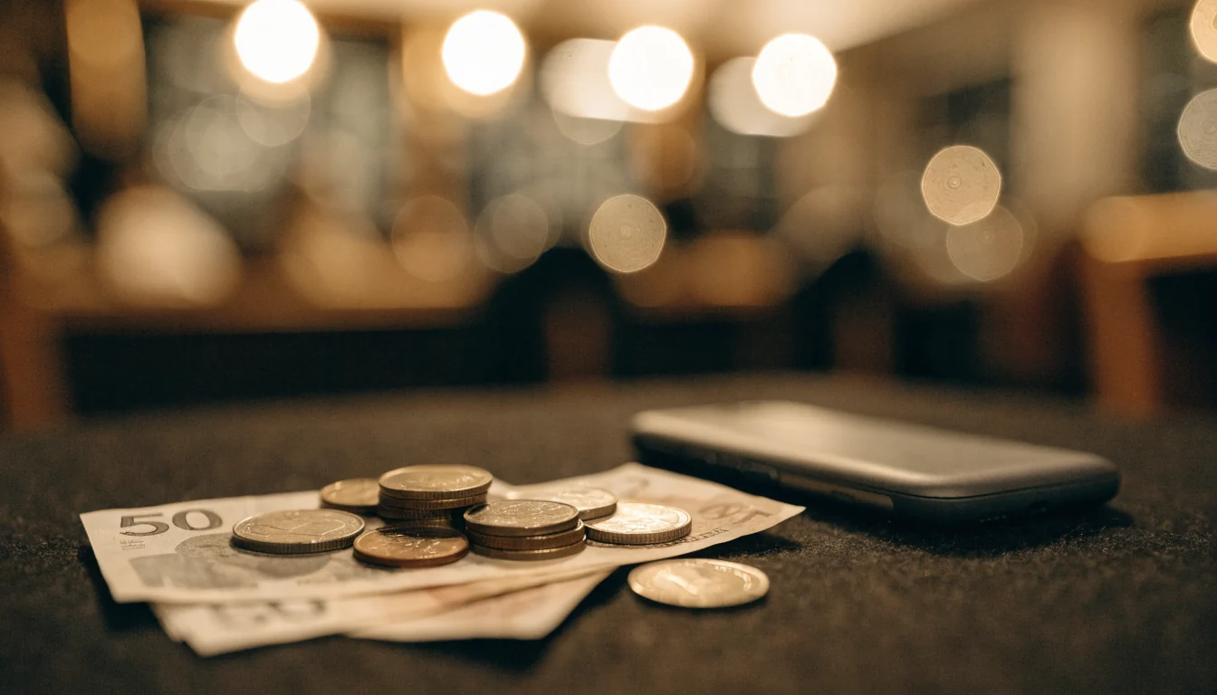 Mynt och sedlar i svenska kronor på casinobord vid sidan av en mobiltelefon