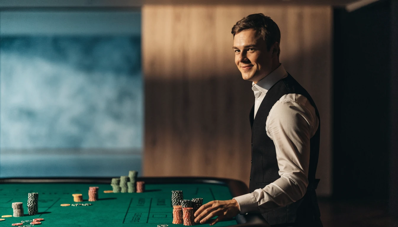 Professionell live dealer vid blackjackbord i modern casinostudio