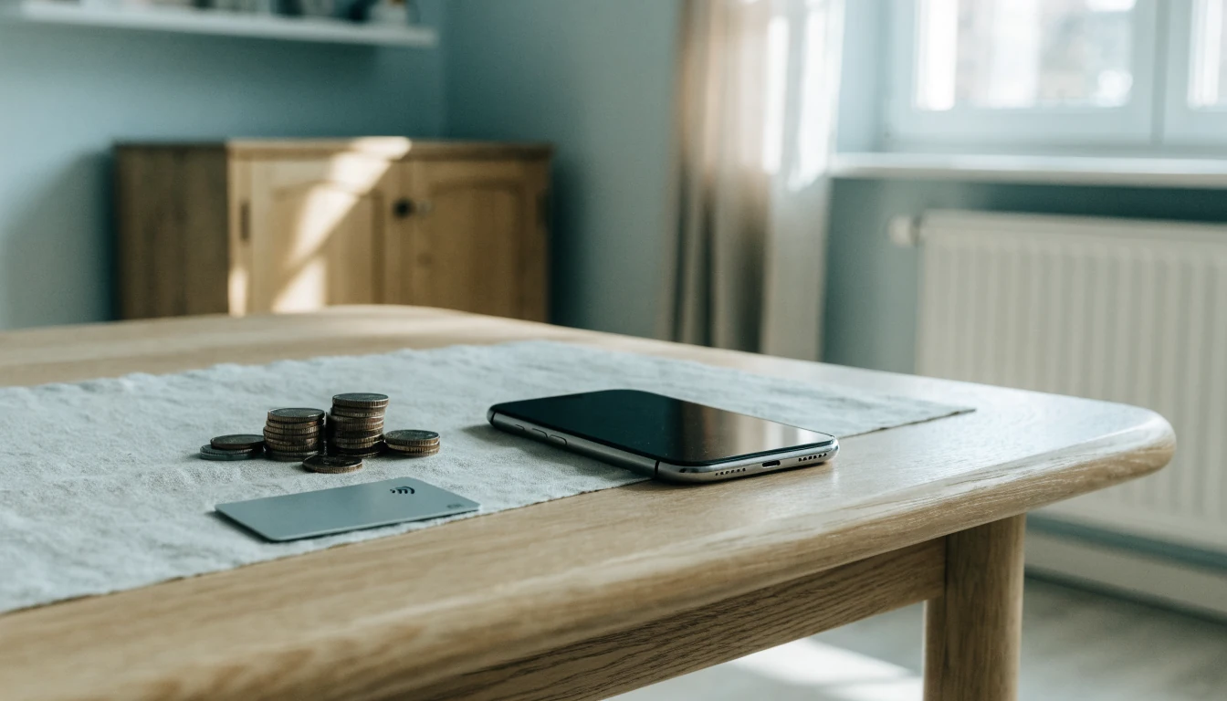 Smarttelefon med mynt och bankkort på minimalistiskt skandinaviskt bord