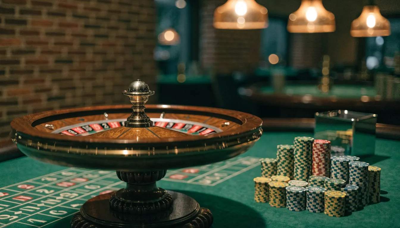 Elegant roulettehjul på grönt bord i en svensk casinolokal
