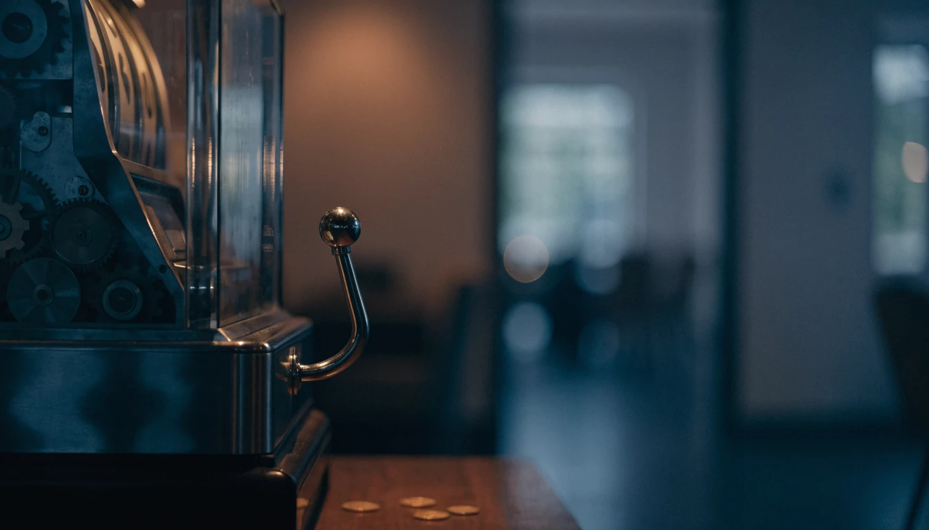 Stämningsfull bild av en mekanisk spelautomat i ett dunkelt nordiskt casinorum