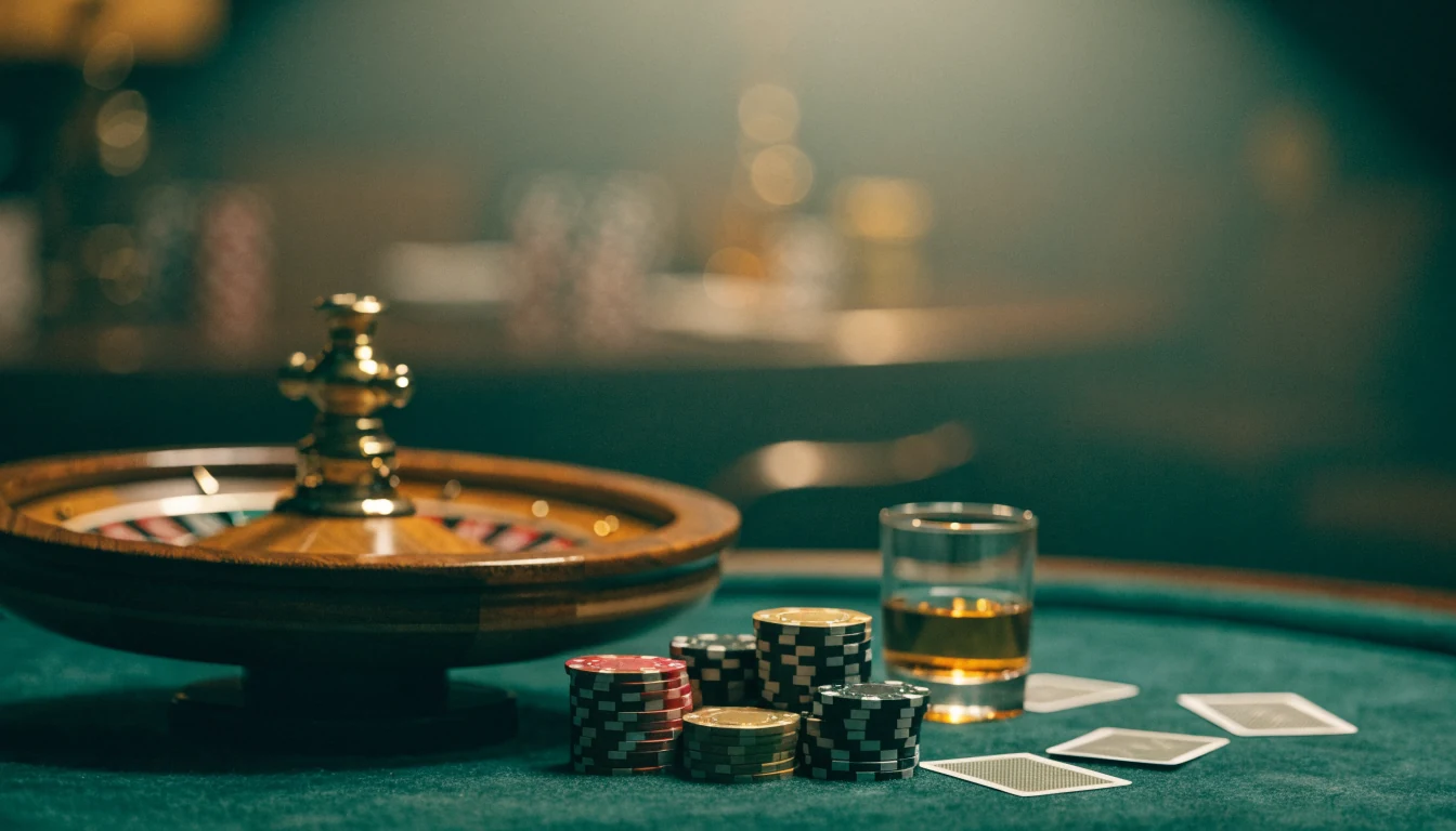Roulettebord med marker och spelkort i mörkt casino