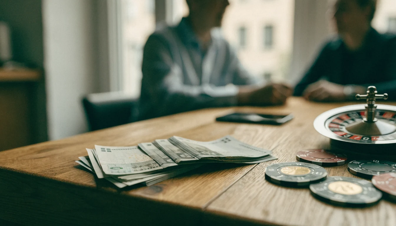 Svenska kronor och casinofigurer på ett träbord med en smartphone