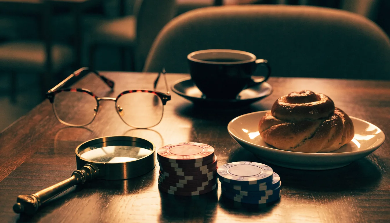 Casinochip, förstoringsglas och kanelbulle på mörkt bord i varm belysning