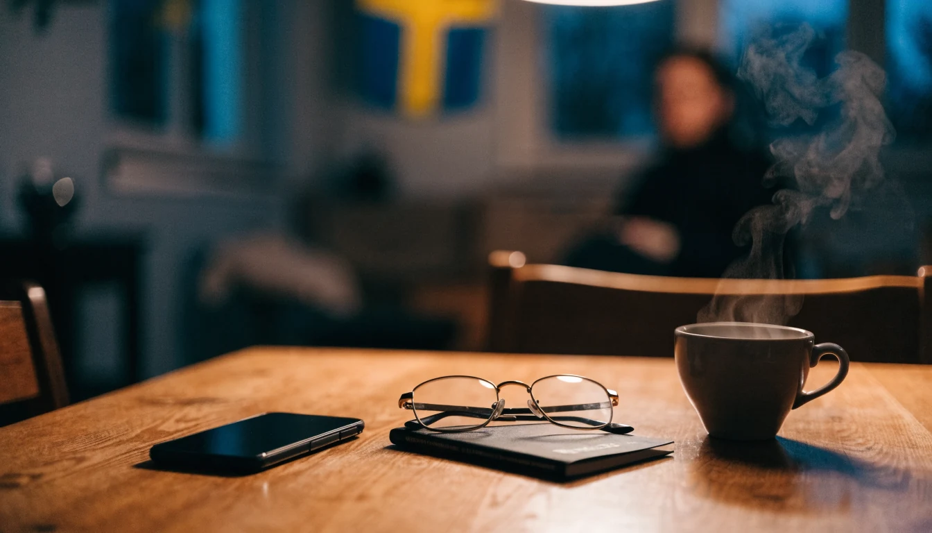 Telefonen vänd nedåt på bordet med pass och kaffekopp