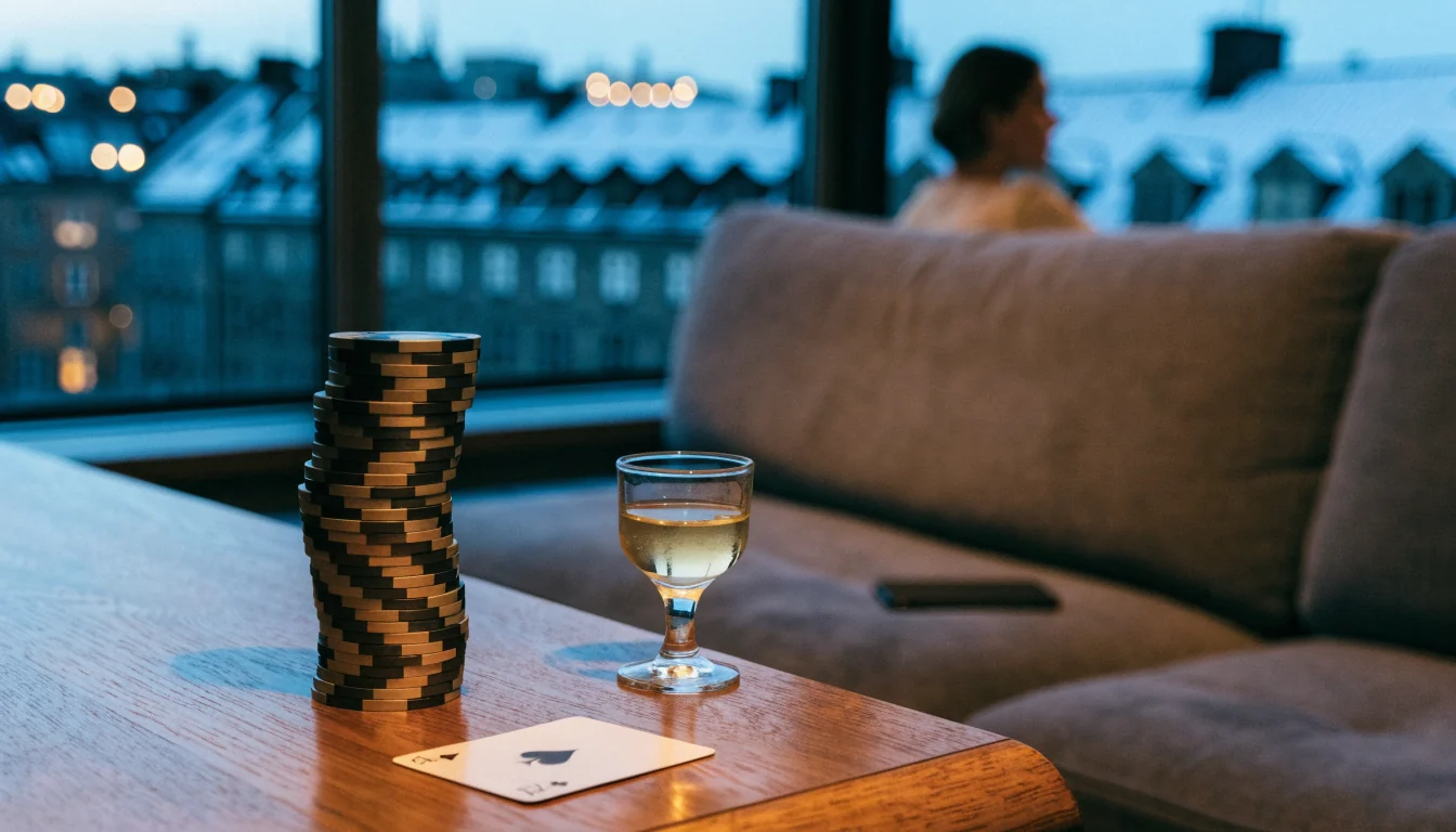 Svenska casinochips och ett spelkort på ett bord i en mysig vinterlägenhet