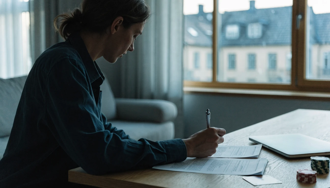 Person som granskar casinorecensioner vid ett skrivbord i en svensk lägenhet