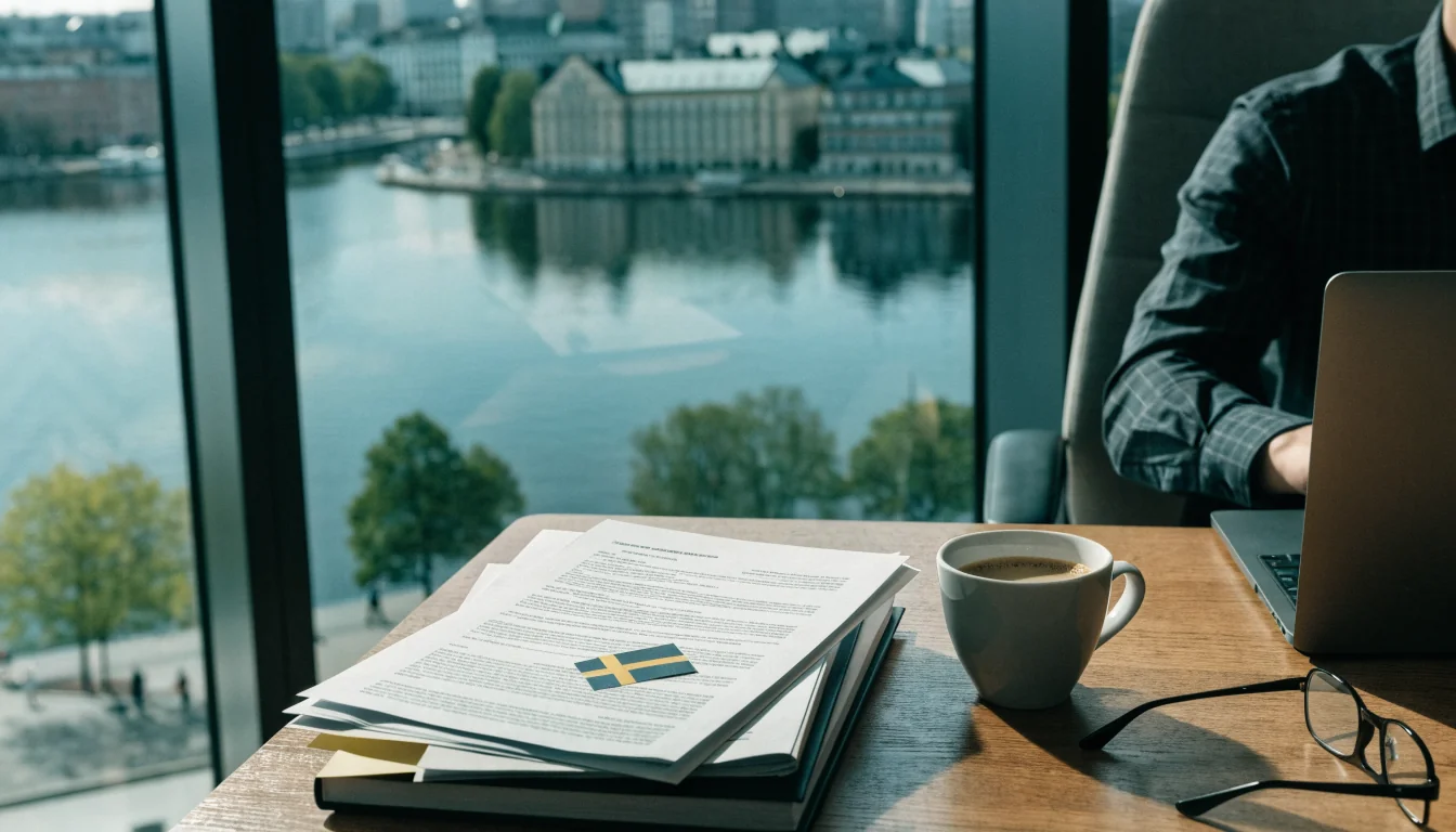 Svenskt regleringskontor med licensdokument och svensk flagga