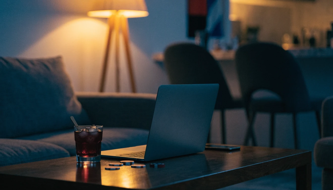 Modern svenskt vardagsrum med laptop, casinofärger och mysig belysning