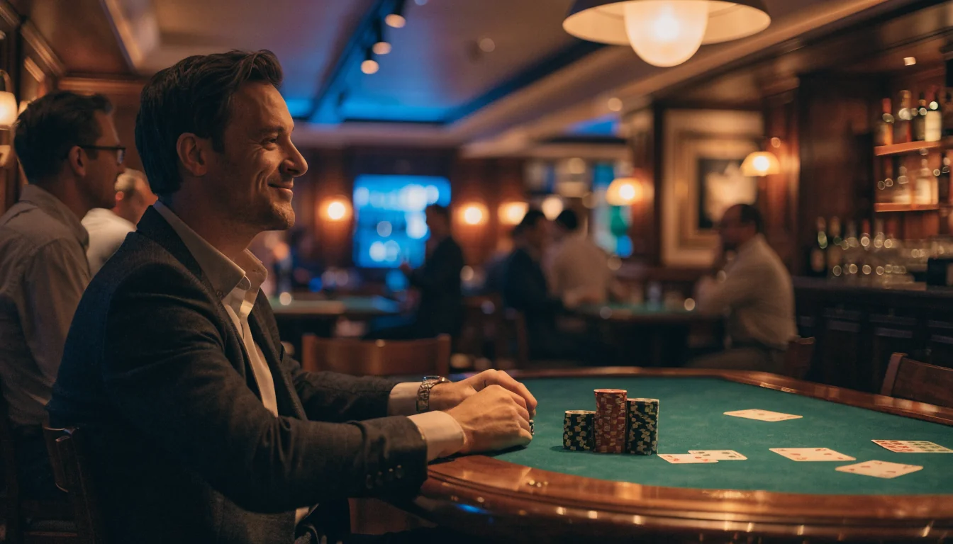 Elegant blackjackbord med marker och kort i en svensk casinomiljö