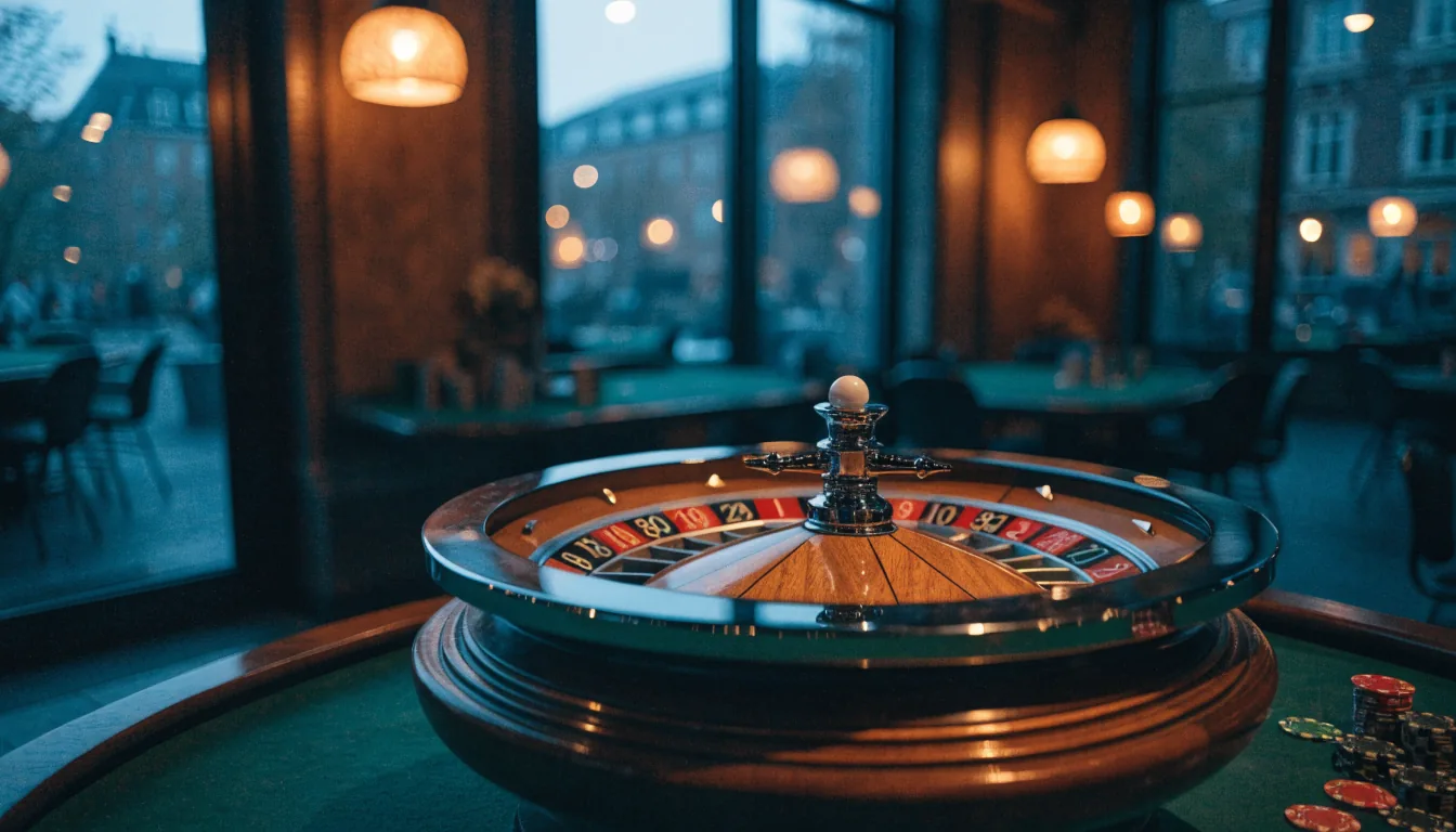 Elegant roulettehjul på grönt bord i en stilren svensk casinomiljö