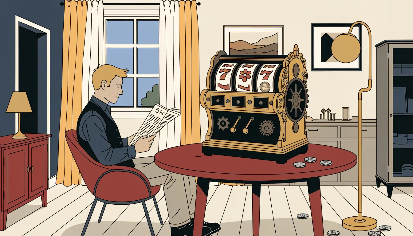 Klassisk spelautomat i skandinavisk vardagsrumsmiljö med mynt