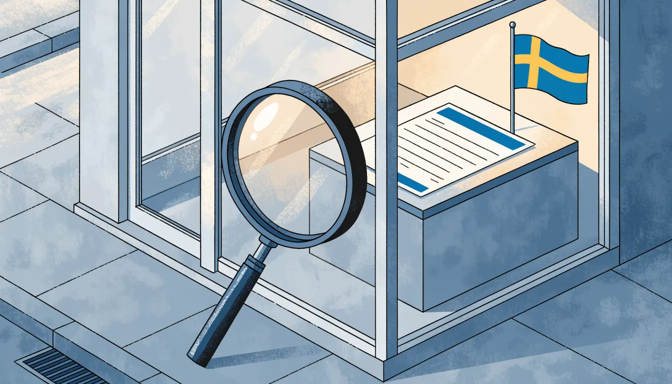 Illustration av en licenskontrollerad butiksfasad med svensk flagga och förstoringsglas