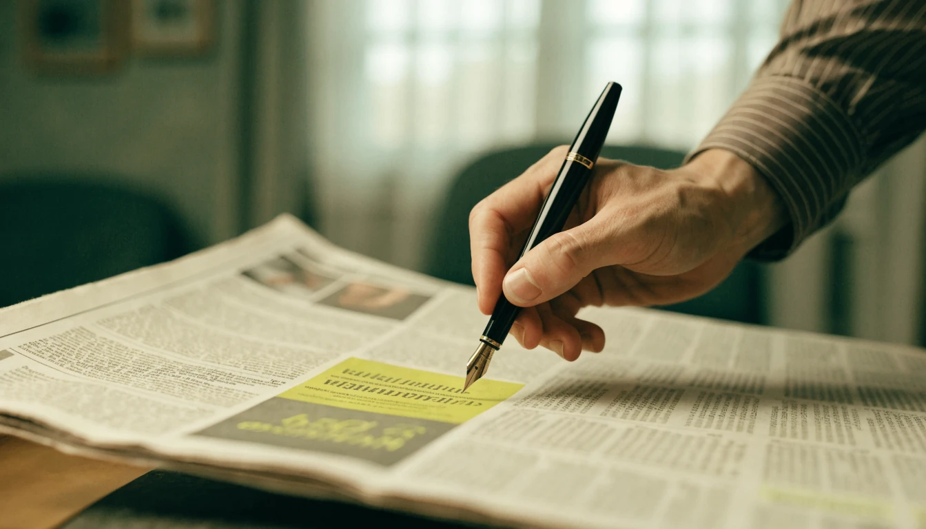 Tidningssida med markerat erbjudande som granskas med reservpenna