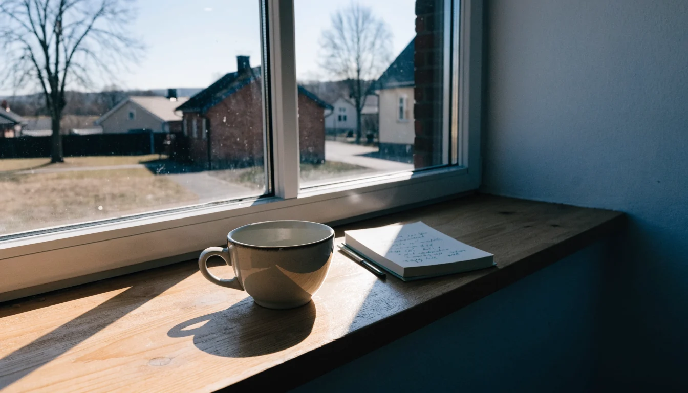 Tomt kaffekopp vid fönster med öppen anteckningsbok