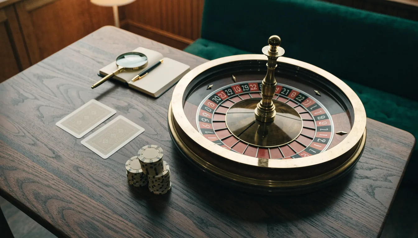 Casinoattiraljer på bord med roulette, marker, förstoringsglas och anteckningsbok för jämförelse.