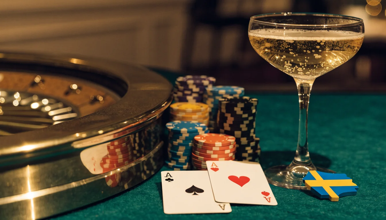 Elegant casinobord med roulettemarker, marker och spelkort i guld och grönt