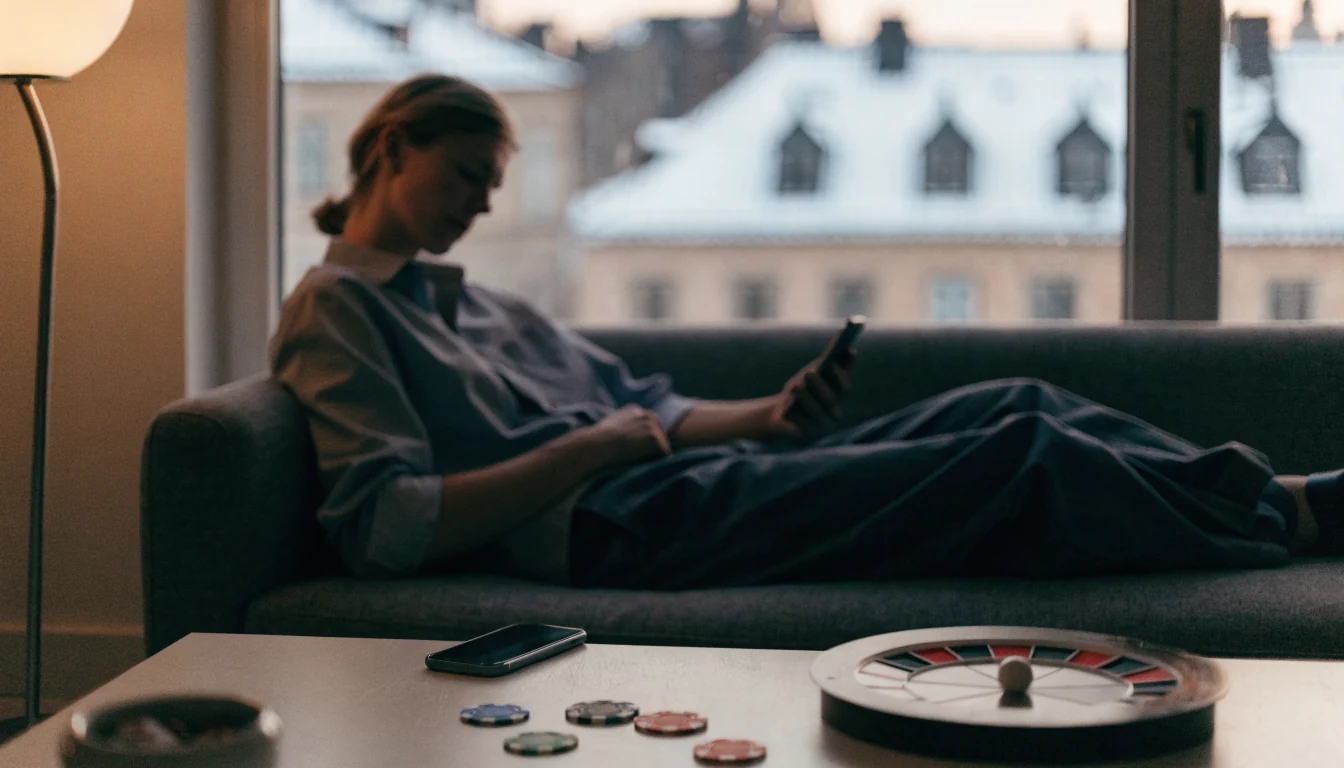Person med mobil och casinotillbehör i modern svensk lägenhet
