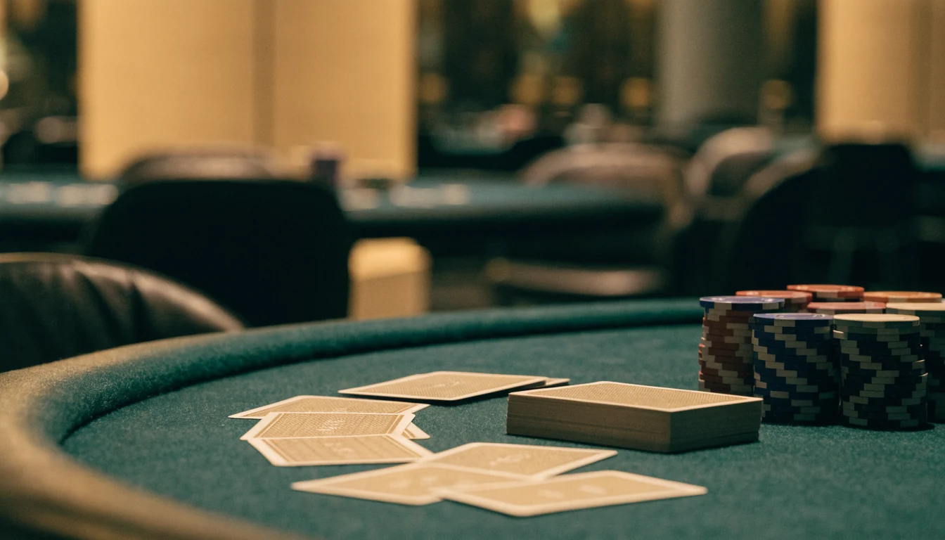 Elegant casinobord med kortlekar och marker i modern svensk miljö