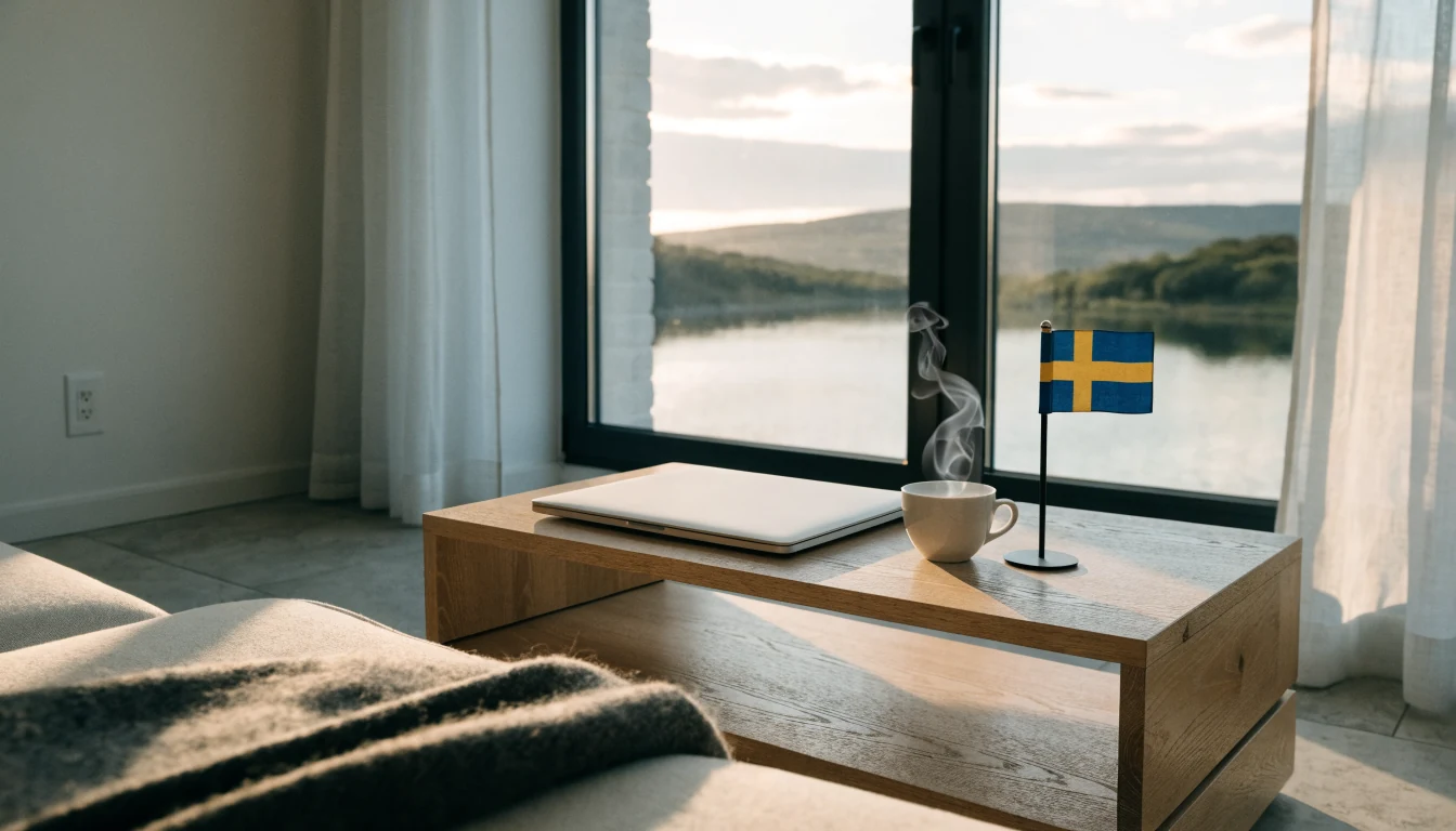 Mysigt modernt svenskt vardagsrum med stängd laptop och kaffekopp på soffbord