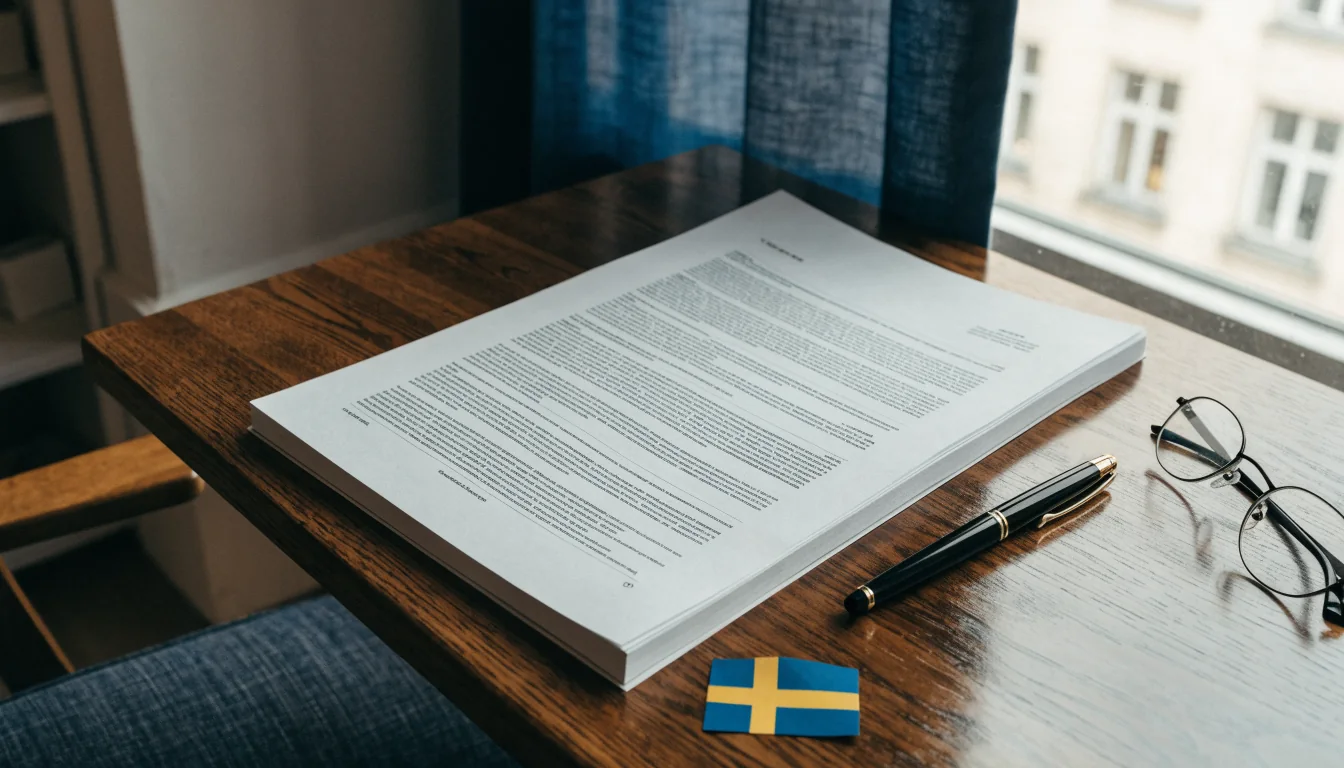 Skrivbord med juridiskt dokument och svensk flagga