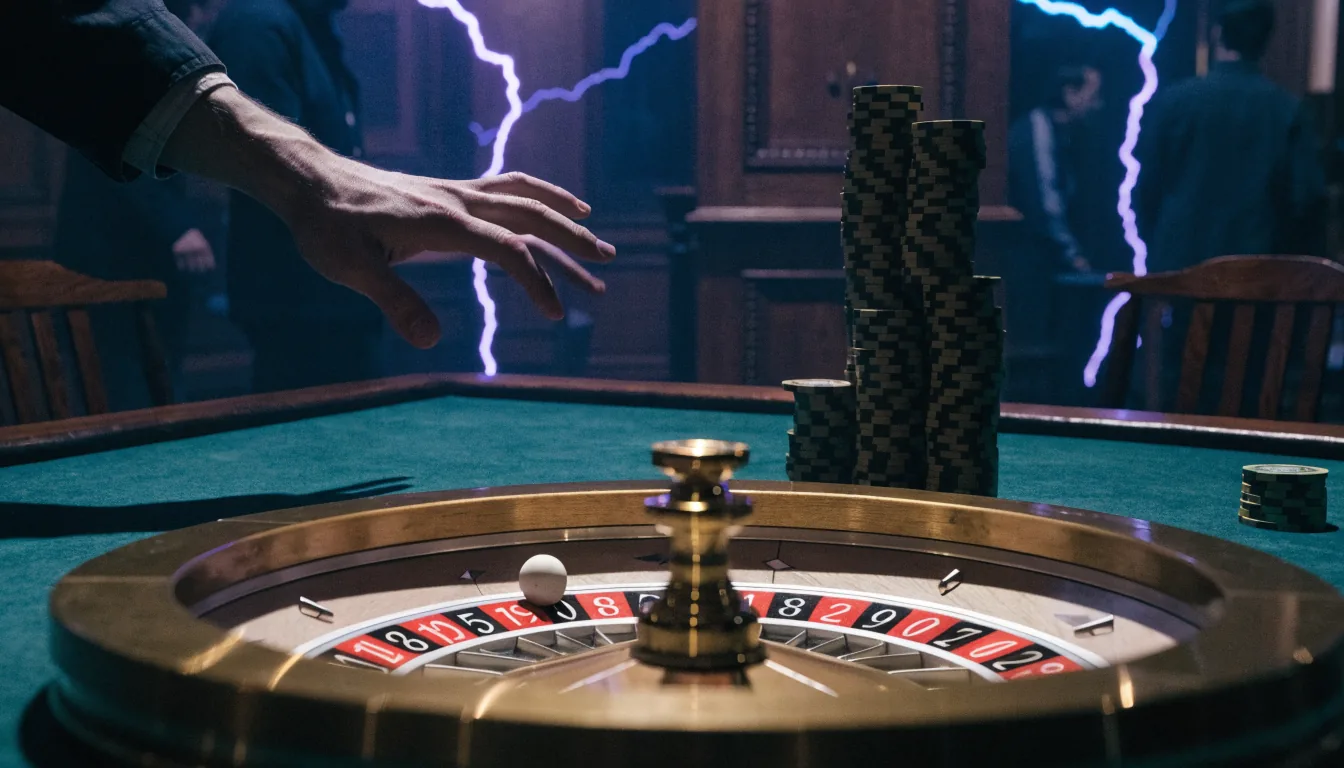 Roulettehjul med blixtar och marker på casinobord